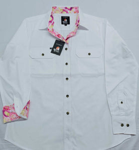 'Outback' Ladies EYRE White Contrast FULL Button Work Shirt