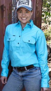 'Outback' Ladies WINTON Sky Blue 1/2 Button Work Shirt