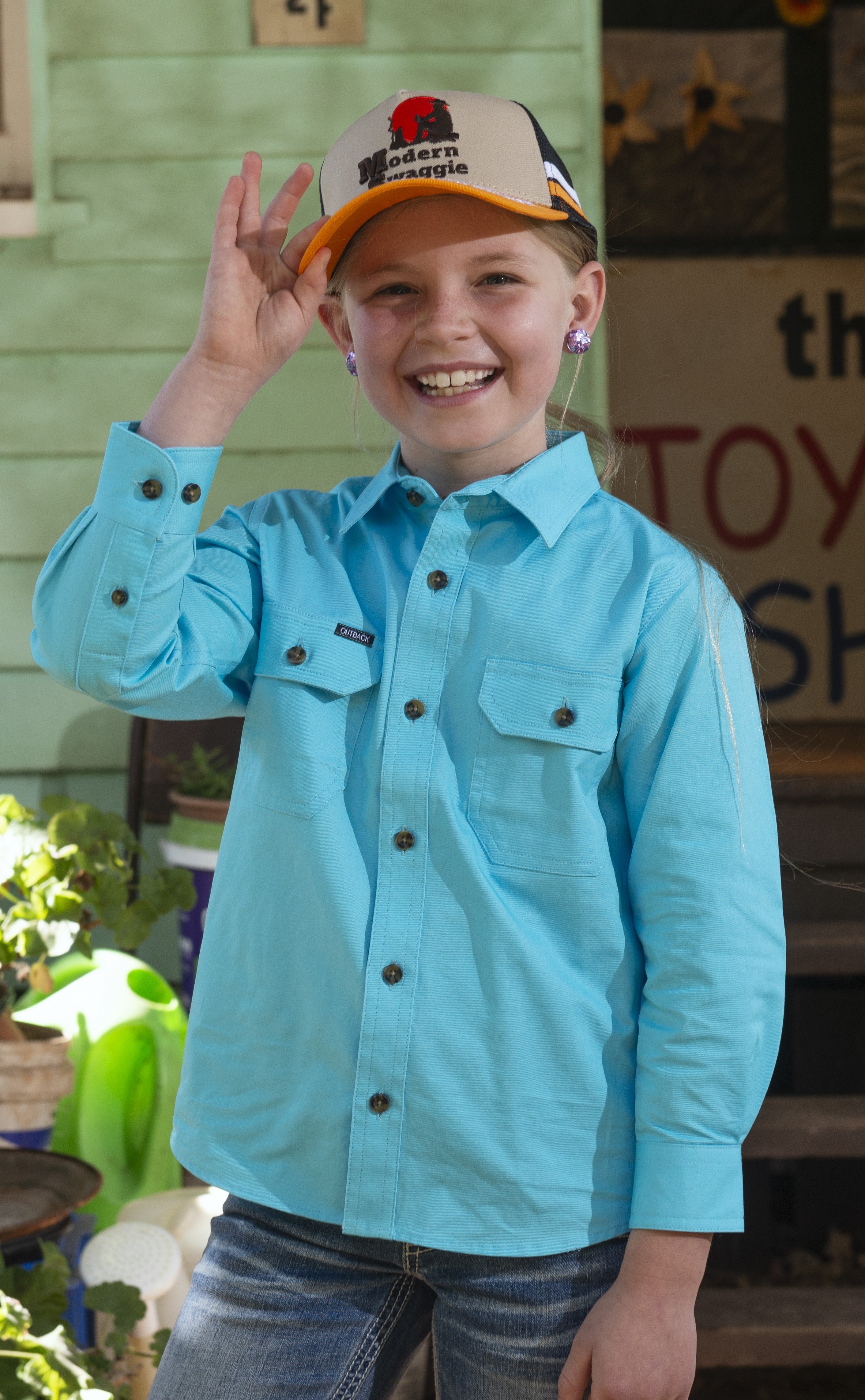 'Outback' Kids WINTON Sky Blue Full Button Work Shirt