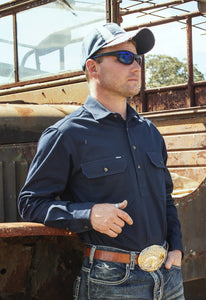 'Outback' LONGREACH Navy Heavy Weight 1/2 Button Work Shirt