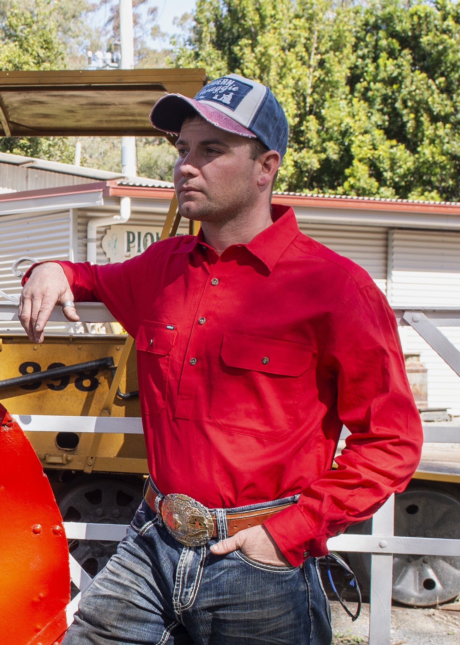 'Outback' QUILPIE Red 1/2 Button Work Shirt