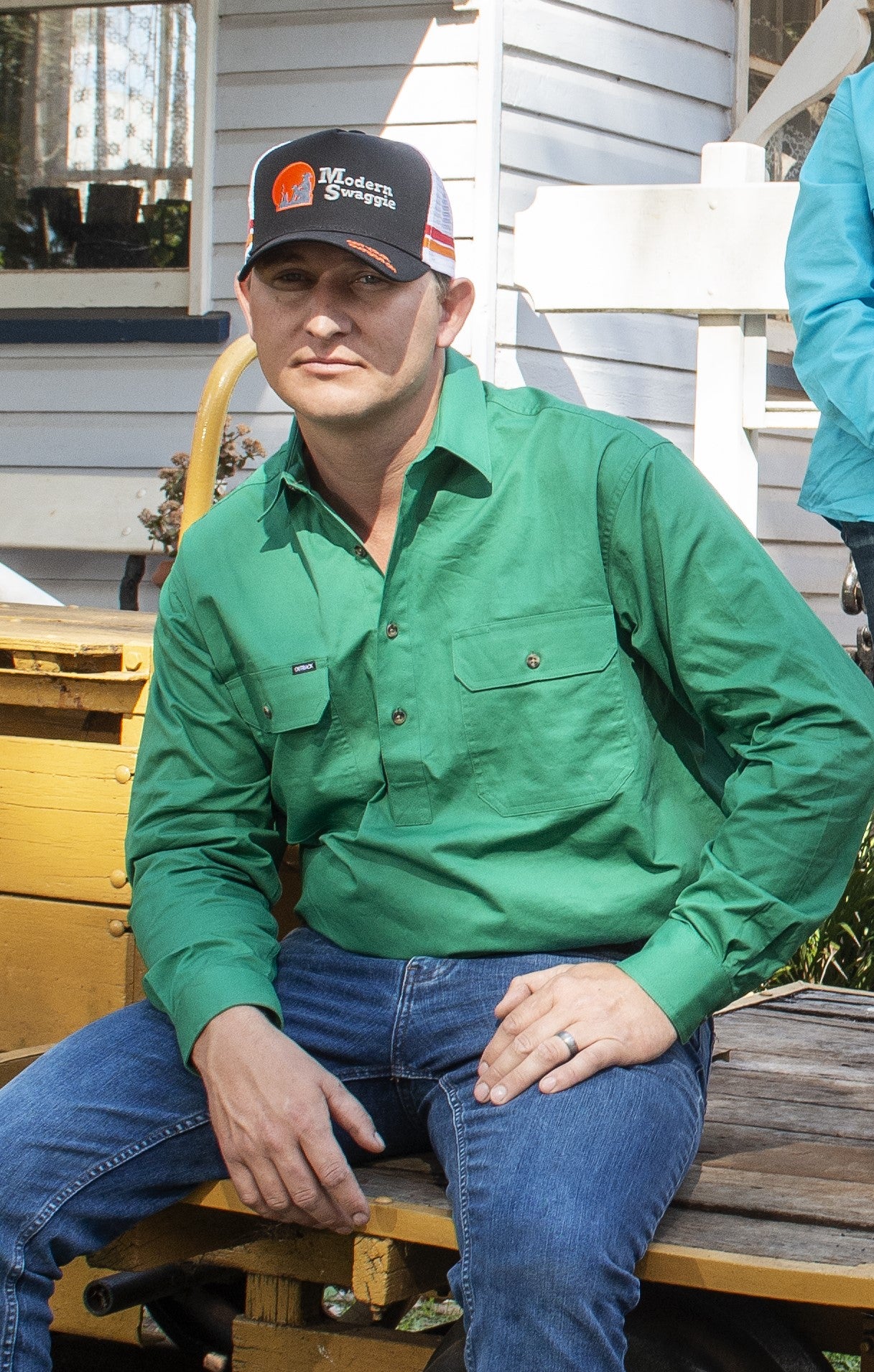 'Outback' BARCALDINE Green 1/2 Button Work Shirt