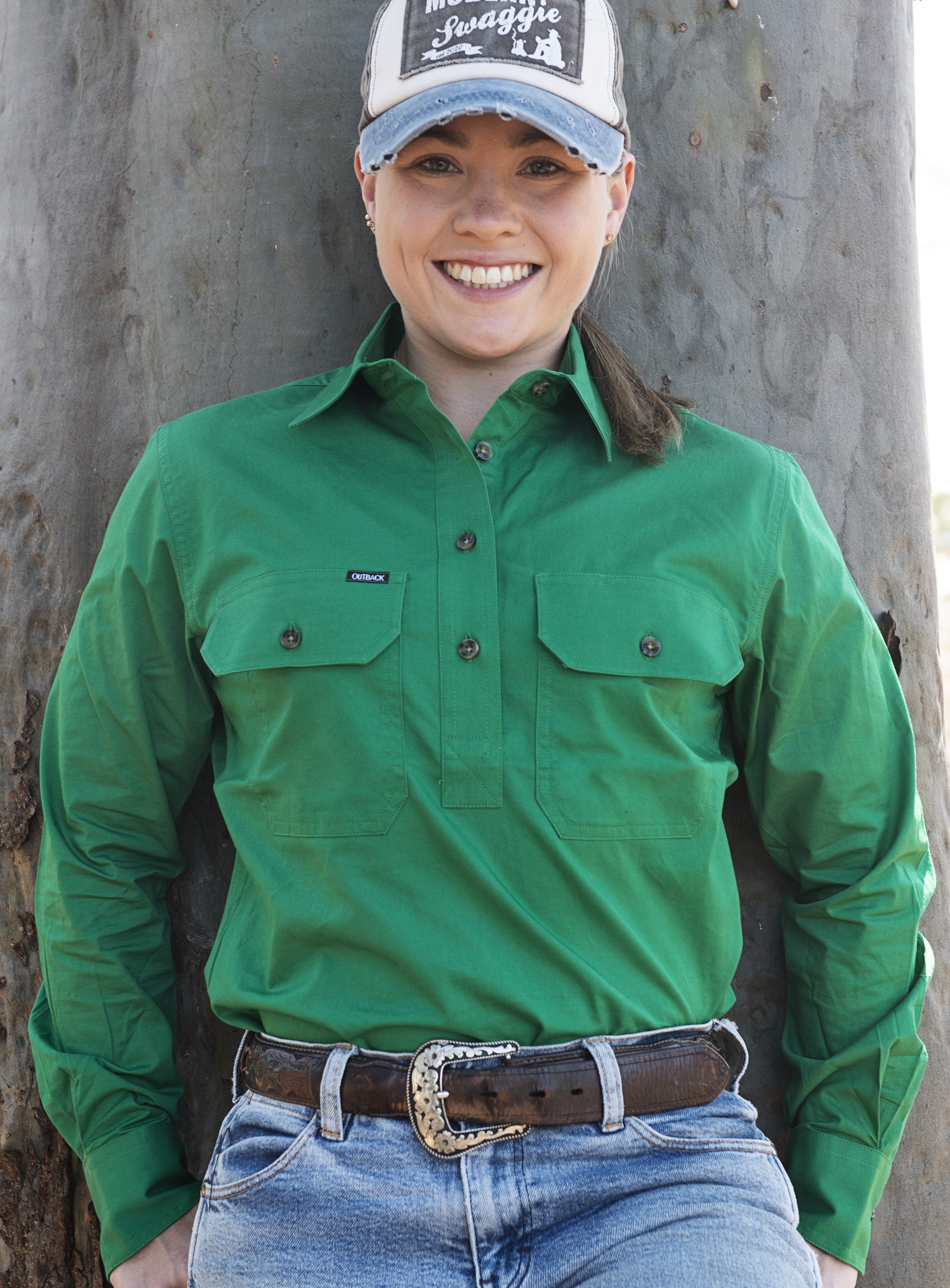 "Outback" BARCALDINE Green Ladies 1/2 Button Work Shirt