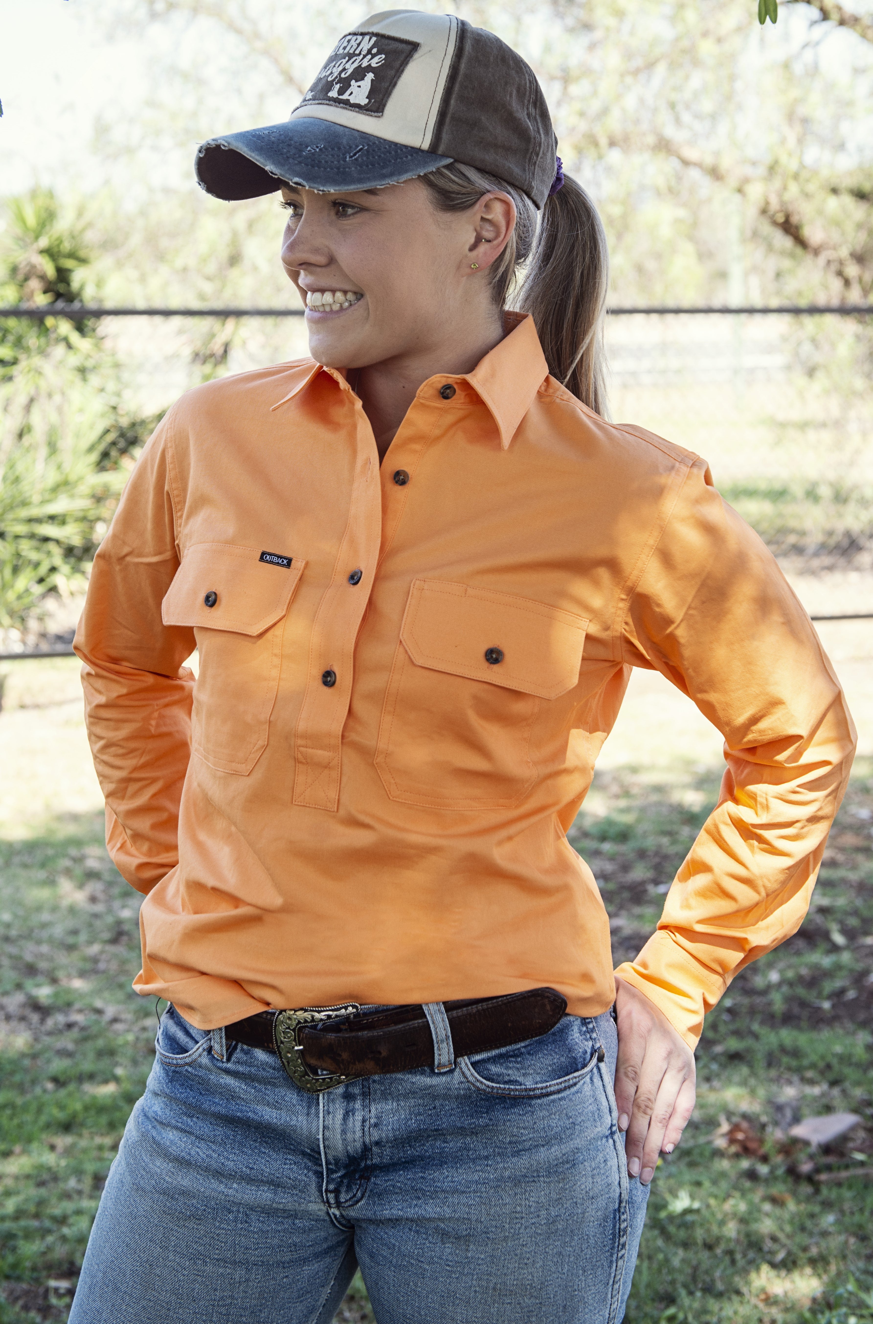 'Outback' Ladies CUNNAMULLA Orange Half Button Work Shirt